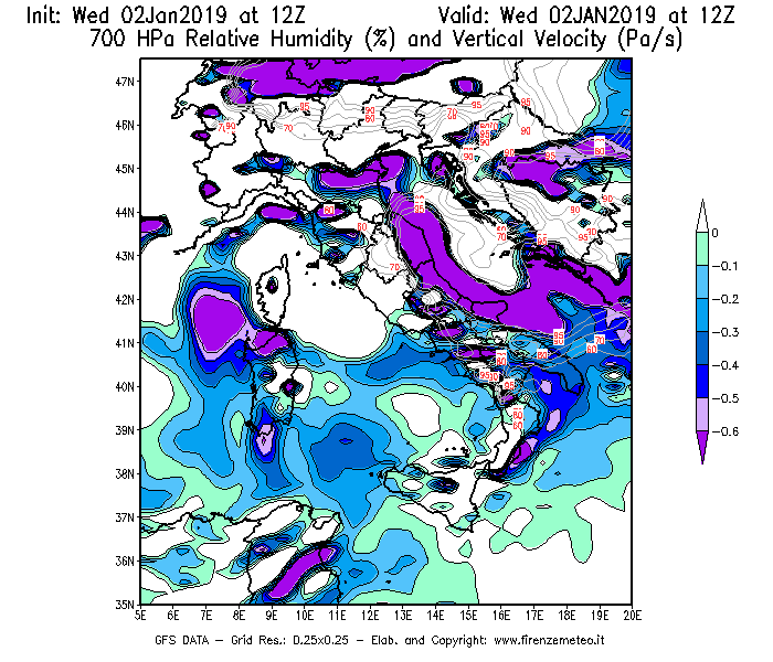 Mappa di analisi GFS - Umidità relativa [%] e Omega [Pa/s] a 700 hPa in Italia
							del 02/01/2019 12 <!--googleoff: index-->UTC<!--googleon: index-->