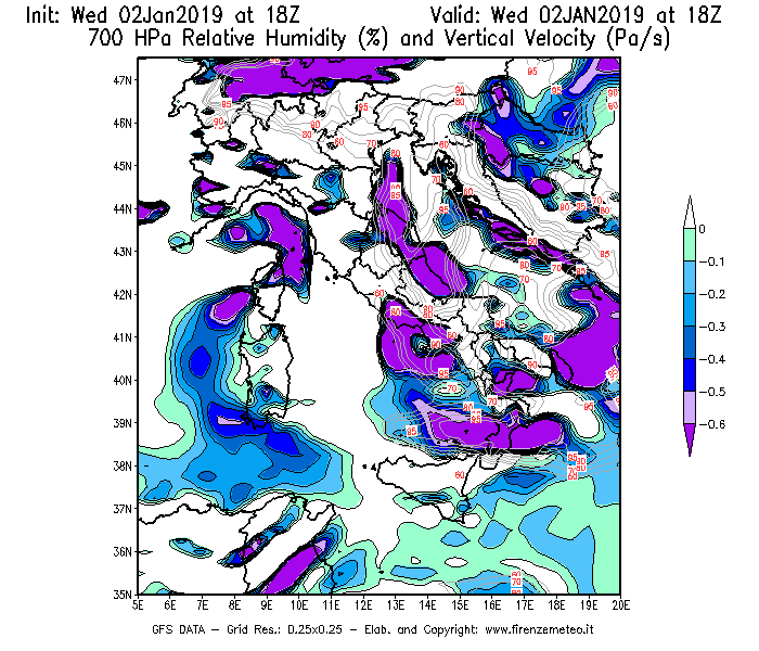 Mappa di analisi GFS - Umidità relativa [%] e Omega [Pa/s] a 700 hPa in Italia
							del 02/01/2019 18 <!--googleoff: index-->UTC<!--googleon: index-->