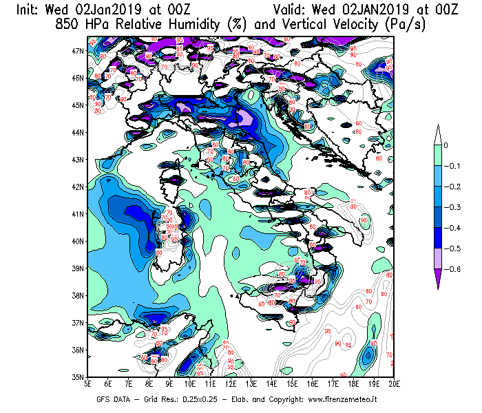 Mappa di analisi GFS - Umidità relativa [%] e Omega [Pa/s] a 850 hPa in Italia
							del 02/01/2019 00 <!--googleoff: index-->UTC<!--googleon: index-->