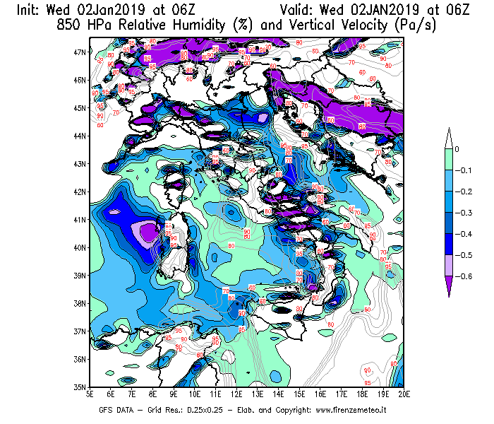 Mappa di analisi GFS - Umidità relativa [%] e Omega [Pa/s] a 850 hPa in Italia
							del 02/01/2019 06 <!--googleoff: index-->UTC<!--googleon: index-->