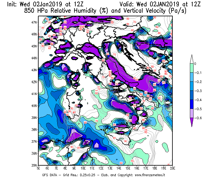 Mappa di analisi GFS - Umidità relativa [%] e Omega [Pa/s] a 850 hPa in Italia
							del 02/01/2019 12 <!--googleoff: index-->UTC<!--googleon: index-->