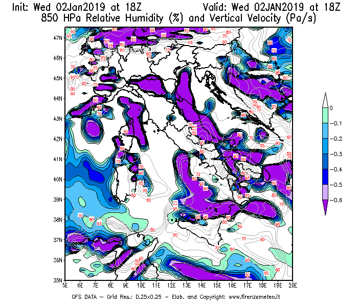Mappa di analisi GFS - Umidità relativa [%] e Omega [Pa/s] a 850 hPa in Italia
							del 02/01/2019 18 <!--googleoff: index-->UTC<!--googleon: index-->