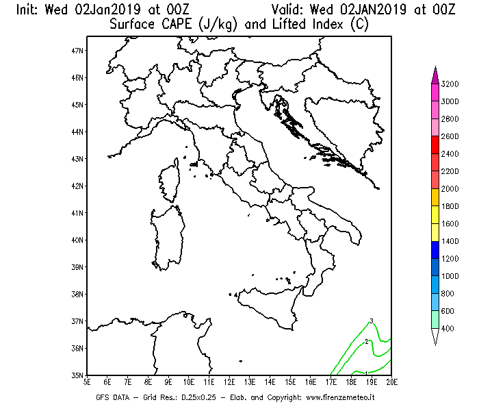 Mappa di analisi GFS - CAPE [J/kg] e Lifted Index [°C] in Italia
							del 02/01/2019 00 <!--googleoff: index-->UTC<!--googleon: index-->