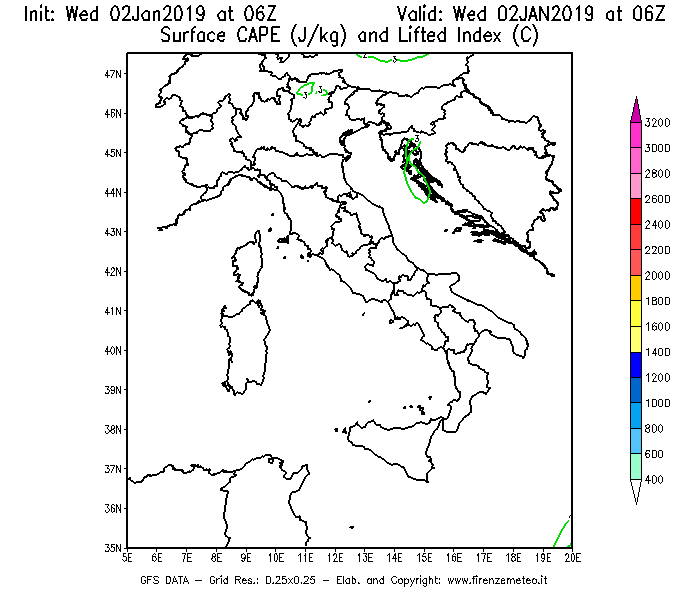 Mappa di analisi GFS - CAPE [J/kg] e Lifted Index [°C] in Italia
							del 02/01/2019 06 <!--googleoff: index-->UTC<!--googleon: index-->