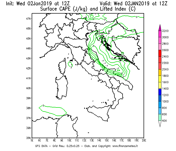 Mappa di analisi GFS - CAPE [J/kg] e Lifted Index [°C] in Italia
							del 02/01/2019 12 <!--googleoff: index-->UTC<!--googleon: index-->