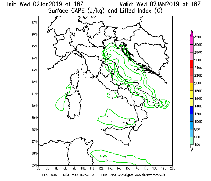 Mappa di analisi GFS - CAPE [J/kg] e Lifted Index [°C] in Italia
							del 02/01/2019 18 <!--googleoff: index-->UTC<!--googleon: index-->