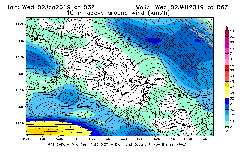 Mappa di analisi GFS - Velocità del vento a 10 metri dal suolo [km/h] in Centro-Italia
							del 02/01/2019 06 <!--googleoff: index-->UTC<!--googleon: index-->