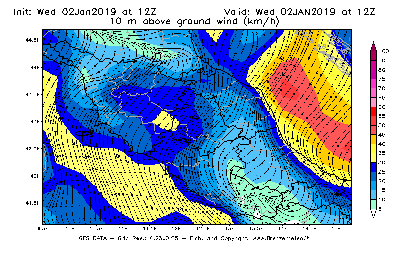 Mappa di analisi GFS - Velocità del vento a 10 metri dal suolo [km/h] in Centro-Italia
							del 02/01/2019 12 <!--googleoff: index-->UTC<!--googleon: index-->