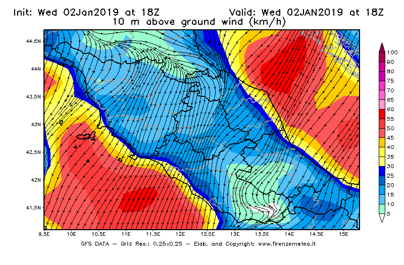 Mappa di analisi GFS - Velocità del vento a 10 metri dal suolo [km/h] in Centro-Italia
							del 02/01/2019 18 <!--googleoff: index-->UTC<!--googleon: index-->