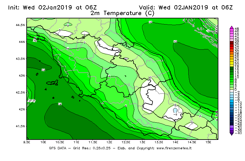 Mappa di analisi GFS - Temperatura a 2 metri dal suolo [°C] in Centro-Italia
							del 02/01/2019 06 <!--googleoff: index-->UTC<!--googleon: index-->