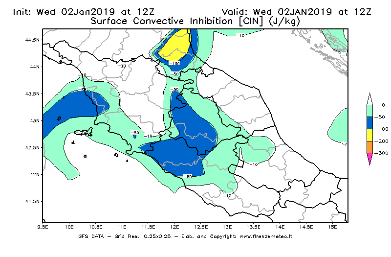Mappa di analisi GFS - CIN [J/kg] in Centro-Italia
							del 02/01/2019 12 <!--googleoff: index-->UTC<!--googleon: index-->