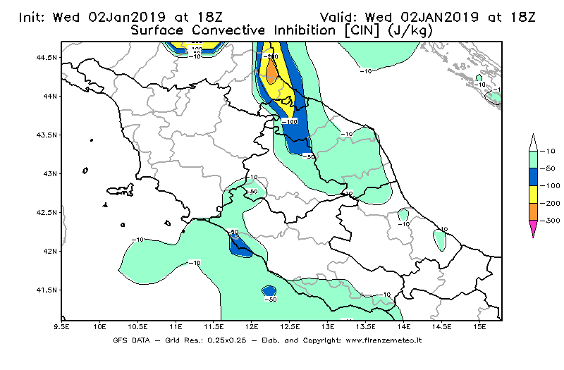 Mappa di analisi GFS - CIN [J/kg] in Centro-Italia
							del 02/01/2019 18 <!--googleoff: index-->UTC<!--googleon: index-->