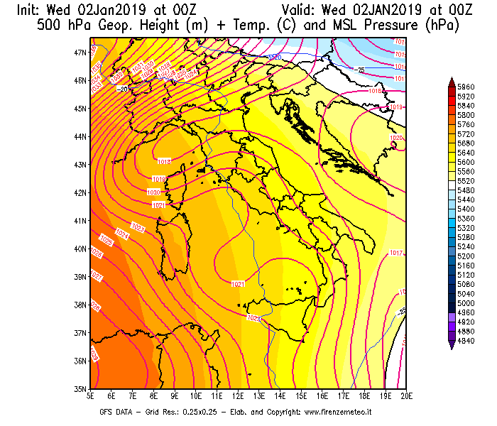 Mappa di analisi GFS - Geopotenziale [m] + Temp. [°C] a 500 hPa + Press. a livello del mare [hPa] in Italia
							del 02/01/2019 00 <!--googleoff: index-->UTC<!--googleon: index-->