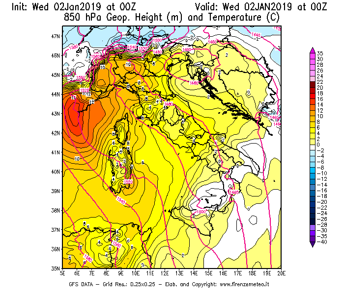 Mappa di analisi GFS - Geopotenziale [m] e Temperatura [°C] a 850 hPa in Italia
							del 02/01/2019 00 <!--googleoff: index-->UTC<!--googleon: index-->