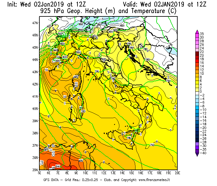 Mappa di analisi GFS - Geopotenziale [m] e Temperatura [°C] a 925 hPa in Italia
							del 02/01/2019 12 <!--googleoff: index-->UTC<!--googleon: index-->