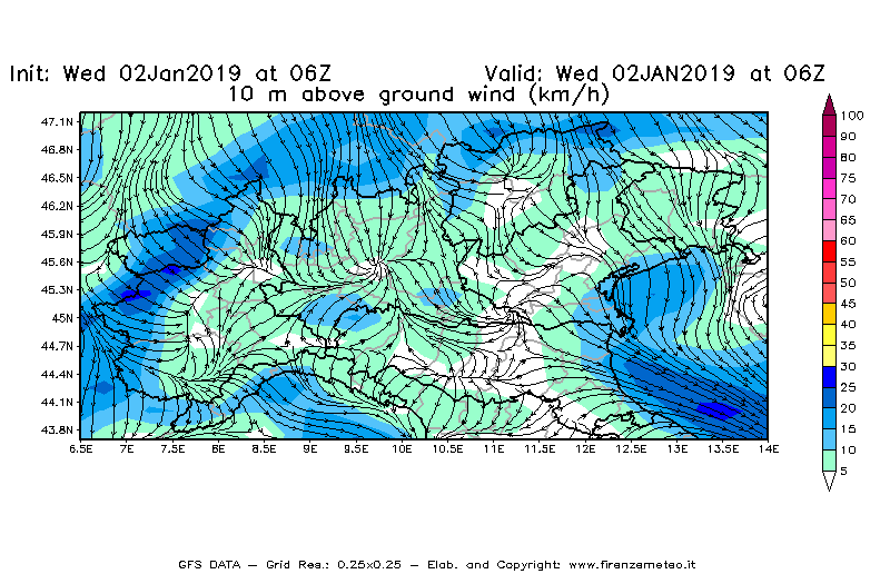 Mappa di analisi GFS - Velocità del vento a 10 metri dal suolo [km/h] in Nord-Italia
							del 02/01/2019 06 <!--googleoff: index-->UTC<!--googleon: index-->