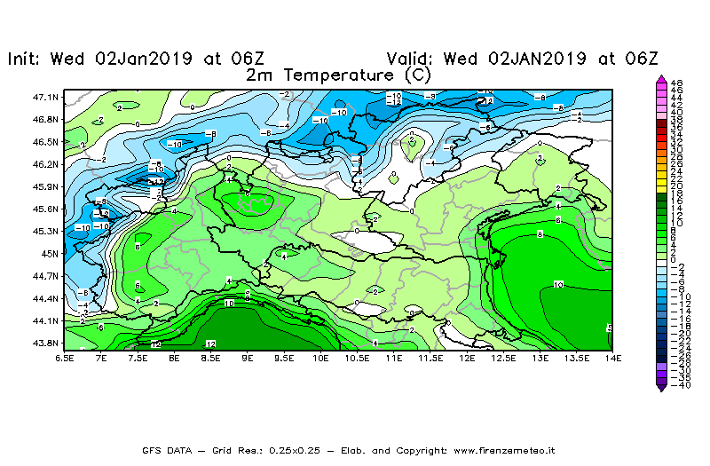 Mappa di analisi GFS - Temperatura a 2 metri dal suolo [°C] in Nord-Italia
							del 02/01/2019 06 <!--googleoff: index-->UTC<!--googleon: index-->