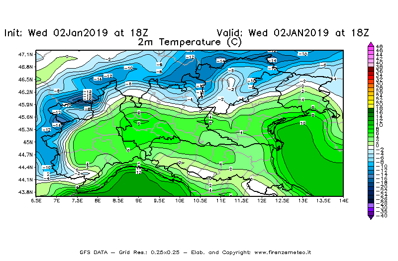 Mappa di analisi GFS - Temperatura a 2 metri dal suolo [°C] in Nord-Italia
							del 02/01/2019 18 <!--googleoff: index-->UTC<!--googleon: index-->