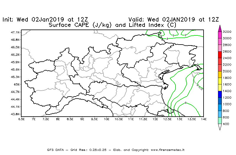Mappa di analisi GFS - CAPE [J/kg] e Lifted Index [°C] in Nord-Italia
							del 02/01/2019 12 <!--googleoff: index-->UTC<!--googleon: index-->