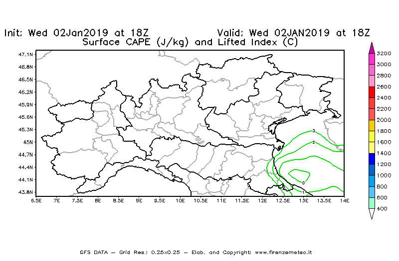 Mappa di analisi GFS - CAPE [J/kg] e Lifted Index [°C] in Nord-Italia
							del 02/01/2019 18 <!--googleoff: index-->UTC<!--googleon: index-->