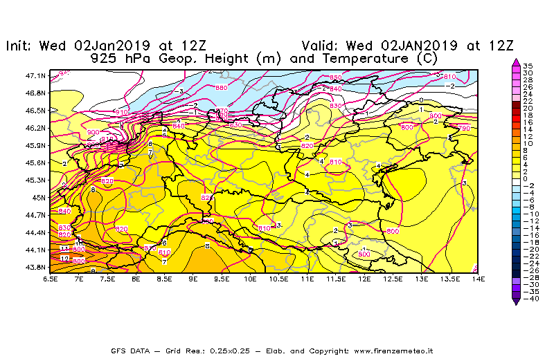 Mappa di analisi GFS - Geopotenziale [m] e Temperatura [°C] a 925 hPa in Nord-Italia
							del 02/01/2019 12 <!--googleoff: index-->UTC<!--googleon: index-->