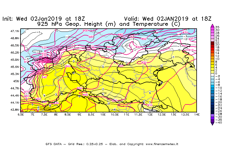 Mappa di analisi GFS - Geopotenziale [m] e Temperatura [°C] a 925 hPa in Nord-Italia
							del 02/01/2019 18 <!--googleoff: index-->UTC<!--googleon: index-->