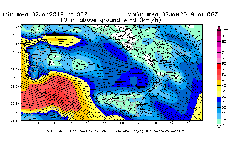 Mappa di analisi GFS - Velocità del vento a 10 metri dal suolo [km/h] in Sud-Italia
							del 02/01/2019 06 <!--googleoff: index-->UTC<!--googleon: index-->