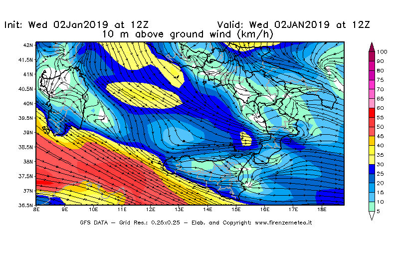 Mappa di analisi GFS - Velocità del vento a 10 metri dal suolo [km/h] in Sud-Italia
							del 02/01/2019 12 <!--googleoff: index-->UTC<!--googleon: index-->