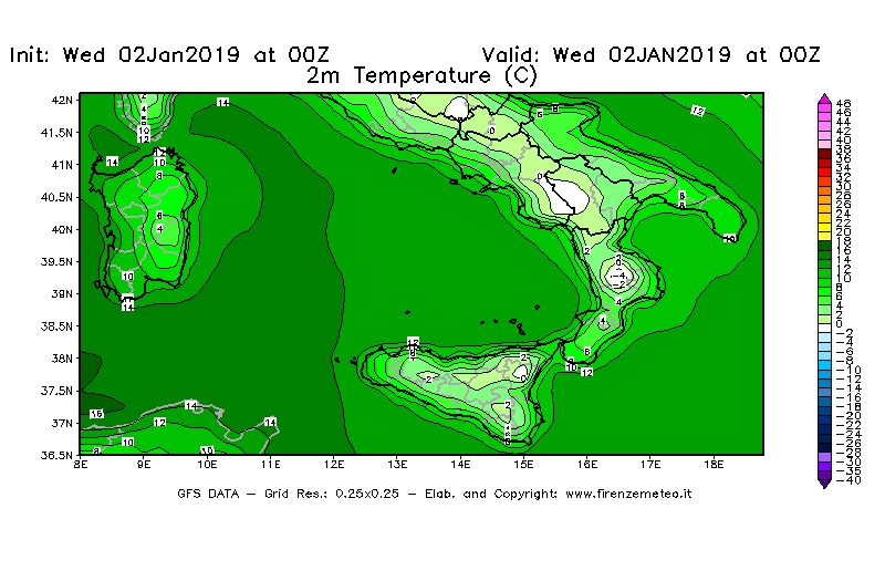 Mappa di analisi GFS - Temperatura a 2 metri dal suolo [°C] in Sud-Italia
							del 02/01/2019 00 <!--googleoff: index-->UTC<!--googleon: index-->