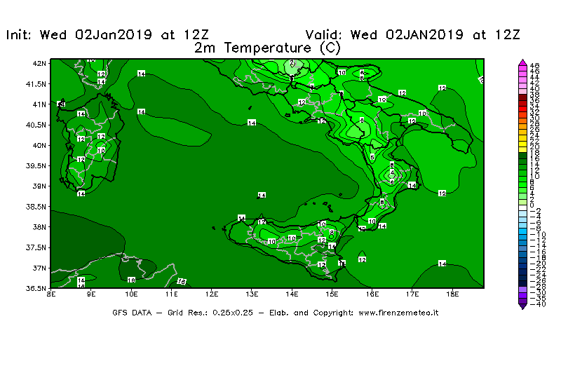 Mappa di analisi GFS - Temperatura a 2 metri dal suolo [°C] in Sud-Italia
							del 02/01/2019 12 <!--googleoff: index-->UTC<!--googleon: index-->