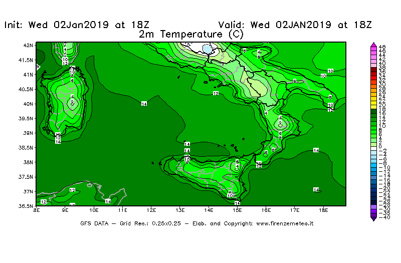 Mappa di analisi GFS - Temperatura a 2 metri dal suolo [°C] in Sud-Italia
							del 02/01/2019 18 <!--googleoff: index-->UTC<!--googleon: index-->