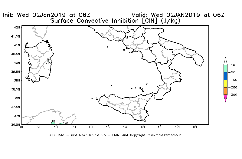 Mappa di analisi GFS - CIN [J/kg] in Sud-Italia
							del 02/01/2019 06 <!--googleoff: index-->UTC<!--googleon: index-->