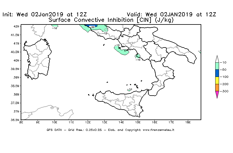 Mappa di analisi GFS - CIN [J/kg] in Sud-Italia
							del 02/01/2019 12 <!--googleoff: index-->UTC<!--googleon: index-->
