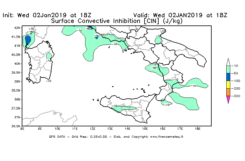 Mappa di analisi GFS - CIN [J/kg] in Sud-Italia
							del 02/01/2019 18 <!--googleoff: index-->UTC<!--googleon: index-->