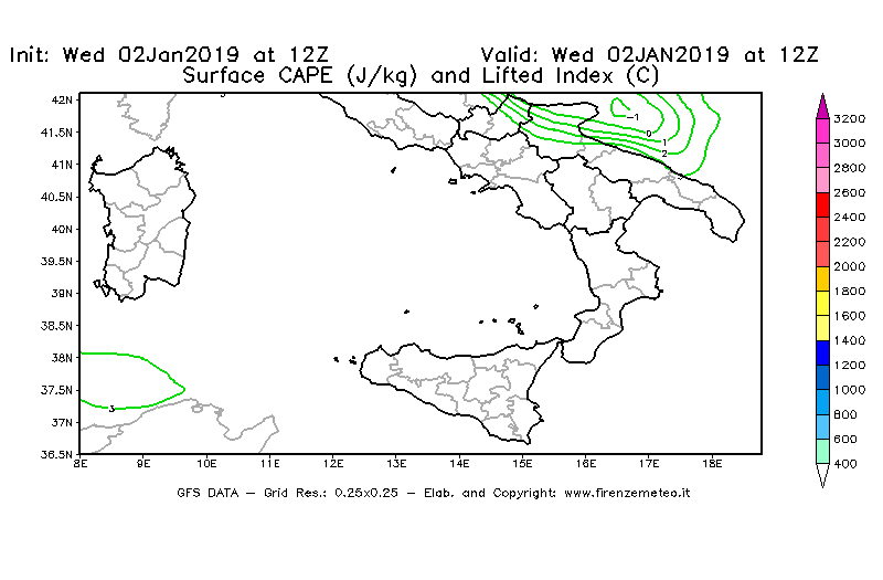 Mappa di analisi GFS - CAPE [J/kg] e Lifted Index [°C] in Sud-Italia
							del 02/01/2019 12 <!--googleoff: index-->UTC<!--googleon: index-->