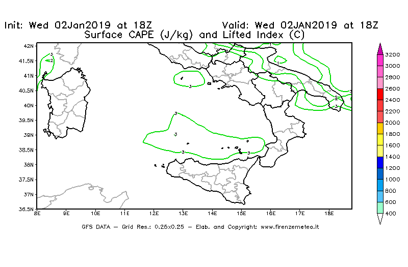 Mappa di analisi GFS - CAPE [J/kg] e Lifted Index [°C] in Sud-Italia
							del 02/01/2019 18 <!--googleoff: index-->UTC<!--googleon: index-->