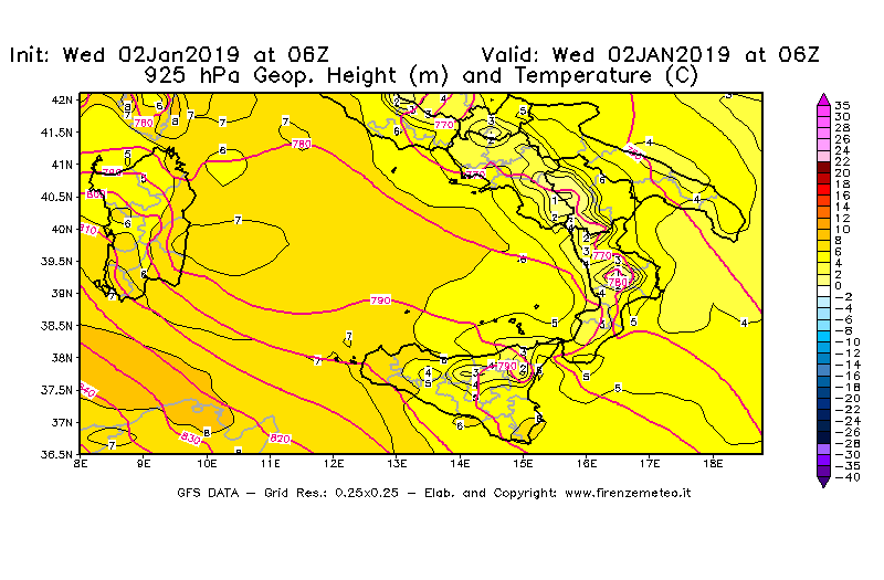 Mappa di analisi GFS - Geopotenziale [m] e Temperatura [°C] a 925 hPa in Sud-Italia
							del 02/01/2019 06 <!--googleoff: index-->UTC<!--googleon: index-->