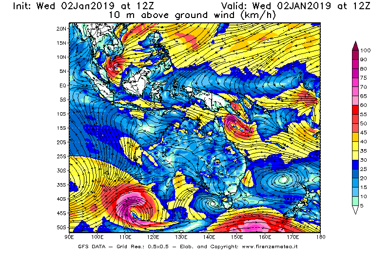 Mappa di analisi GFS - Velocità del vento a 10 metri dal suolo [km/h] in Oceania
							del 02/01/2019 12 <!--googleoff: index-->UTC<!--googleon: index-->