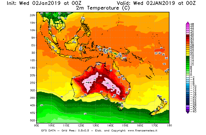Mappa di analisi GFS - Temperatura a 2 metri dal suolo [°C] in Oceania
							del 02/01/2019 00 <!--googleoff: index-->UTC<!--googleon: index-->