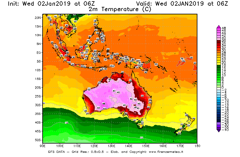 Mappa di analisi GFS - Temperatura a 2 metri dal suolo [°C] in Oceania
							del 02/01/2019 06 <!--googleoff: index-->UTC<!--googleon: index-->