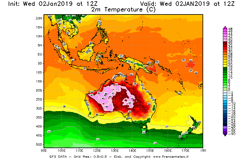 Mappa di analisi GFS - Temperatura a 2 metri dal suolo [°C] in Oceania
							del 02/01/2019 12 <!--googleoff: index-->UTC<!--googleon: index-->