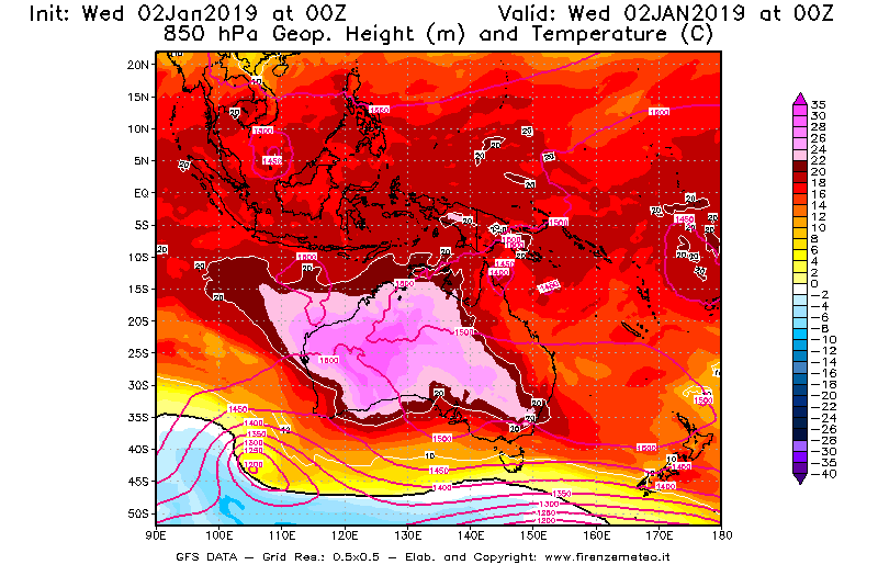 Mappa di analisi GFS - Geopotenziale [m] e Temperatura [°C] a 850 hPa in Oceania
							del 02/01/2019 00 <!--googleoff: index-->UTC<!--googleon: index-->
