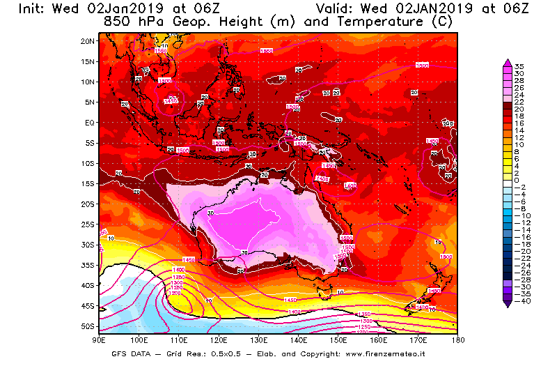 Mappa di analisi GFS - Geopotenziale [m] e Temperatura [°C] a 850 hPa in Oceania
							del 02/01/2019 06 <!--googleoff: index-->UTC<!--googleon: index-->