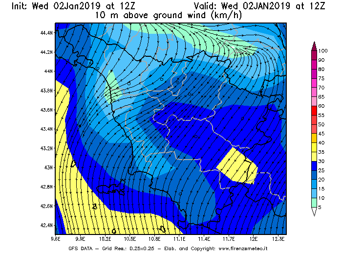 Mappa di analisi GFS - Velocità del vento a 10 metri dal suolo [km/h] in Toscana
							del 02/01/2019 12 <!--googleoff: index-->UTC<!--googleon: index-->