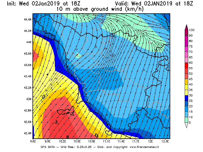 Mappa di analisi GFS - Velocità del vento a 10 metri dal suolo [km/h] in Toscana
							del 02/01/2019 18 <!--googleoff: index-->UTC<!--googleon: index-->