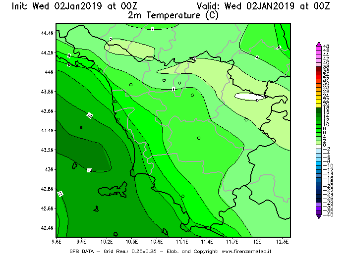 Mappa di analisi GFS - Temperatura a 2 metri dal suolo [°C] in Toscana
							del 02/01/2019 00 <!--googleoff: index-->UTC<!--googleon: index-->