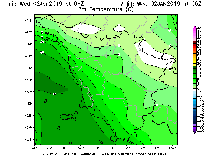 Mappa di analisi GFS - Temperatura a 2 metri dal suolo [°C] in Toscana
							del 02/01/2019 06 <!--googleoff: index-->UTC<!--googleon: index-->