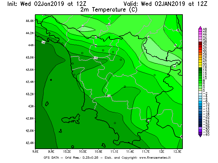 Mappa di analisi GFS - Temperatura a 2 metri dal suolo [°C] in Toscana
							del 02/01/2019 12 <!--googleoff: index-->UTC<!--googleon: index-->