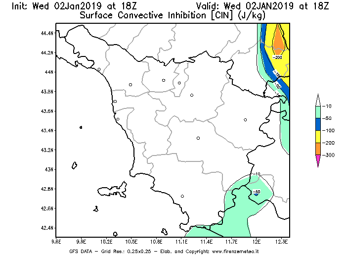 Mappa di analisi GFS - CIN [J/kg] in Toscana
							del 02/01/2019 18 <!--googleoff: index-->UTC<!--googleon: index-->
