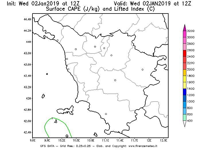 Mappa di analisi GFS - CAPE [J/kg] e Lifted Index [°C] in Toscana
							del 02/01/2019 12 <!--googleoff: index-->UTC<!--googleon: index-->